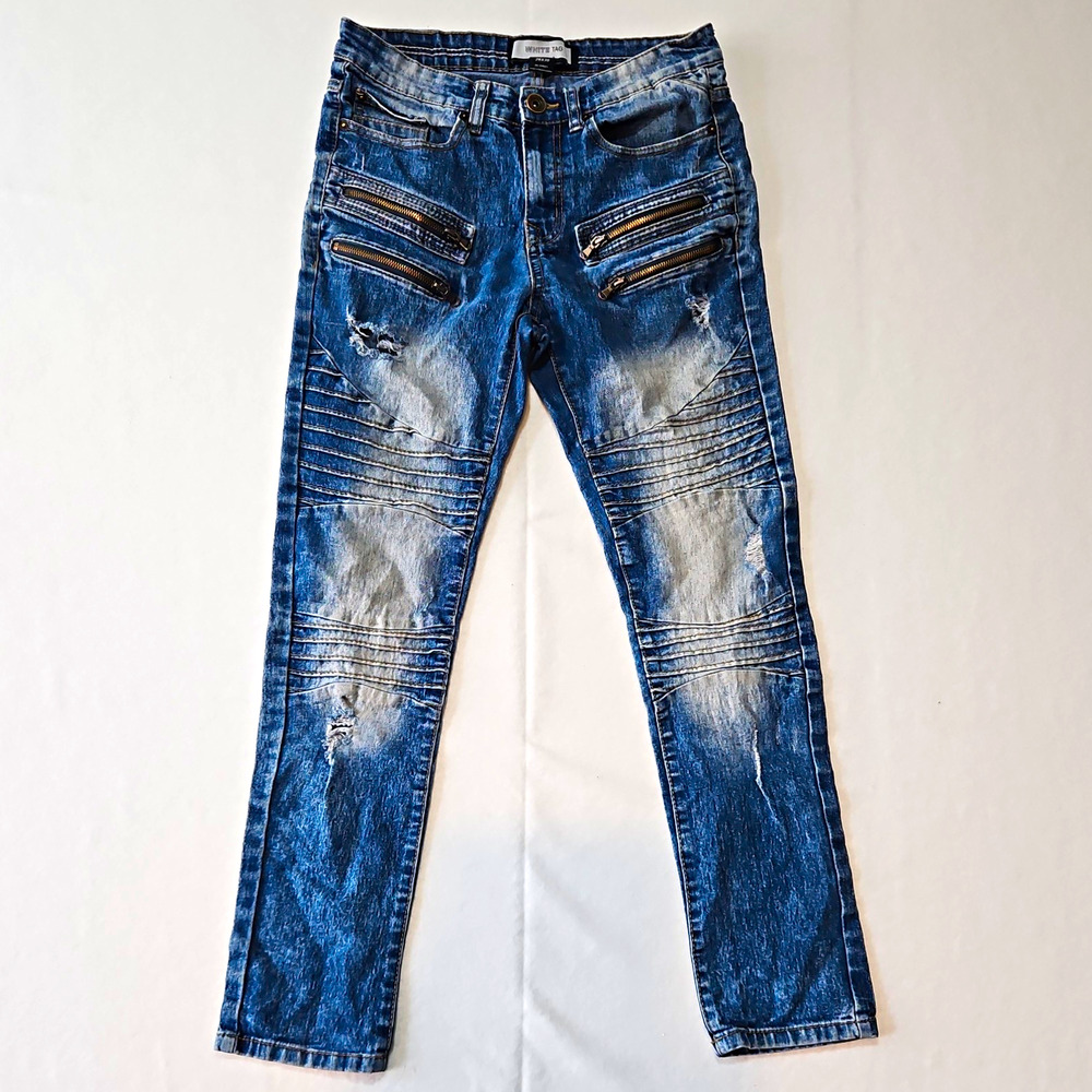 White Tag Men’s Blue Medium Wash Distressed Biker Skinny Slim Fit Jeans 29x30